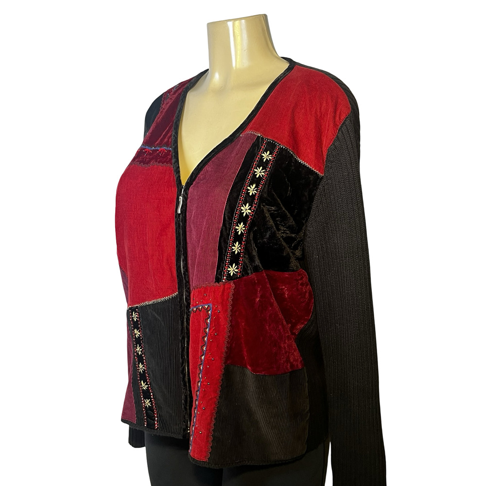 Crazy Horse Sweater Womens XL Black Red Patchwork Corduroy Velvet Zip Cardigan - Picture 3 of 12